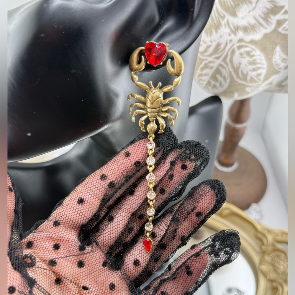 Gothic Scorpion Drop Earrings | Red Crystal Heart & Rhinestone Tail - Picture 11 of 12